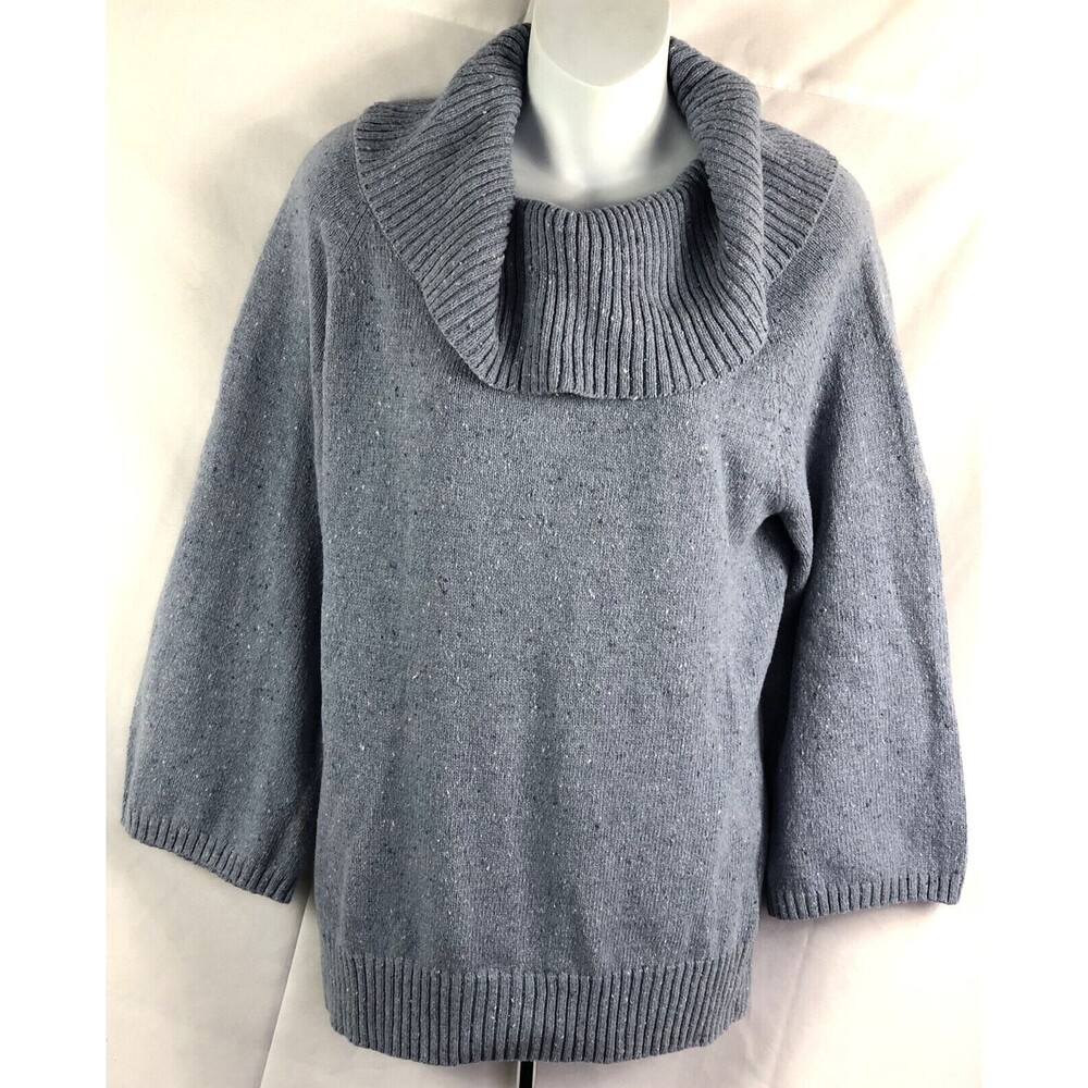 NWT croft barrow Cowl Neck sweater L heather blue 3/4sleeve cotton knit Pullover